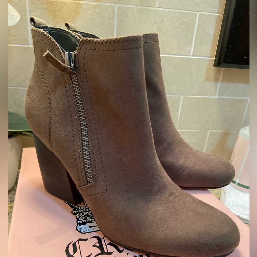Low brown bootie heel